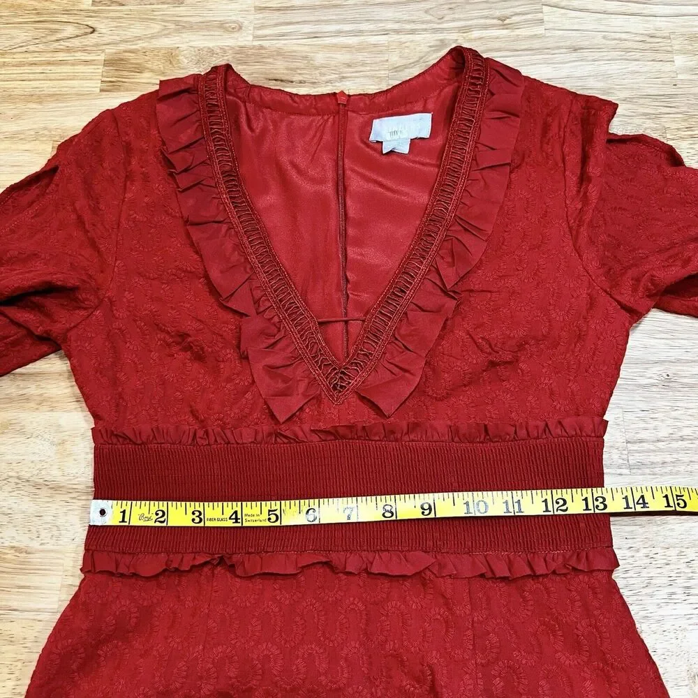 Finders Keepers Memento Dress Red Asymmetrical Ruffle Hem Embroidery Sz M - Picture 15 of 16